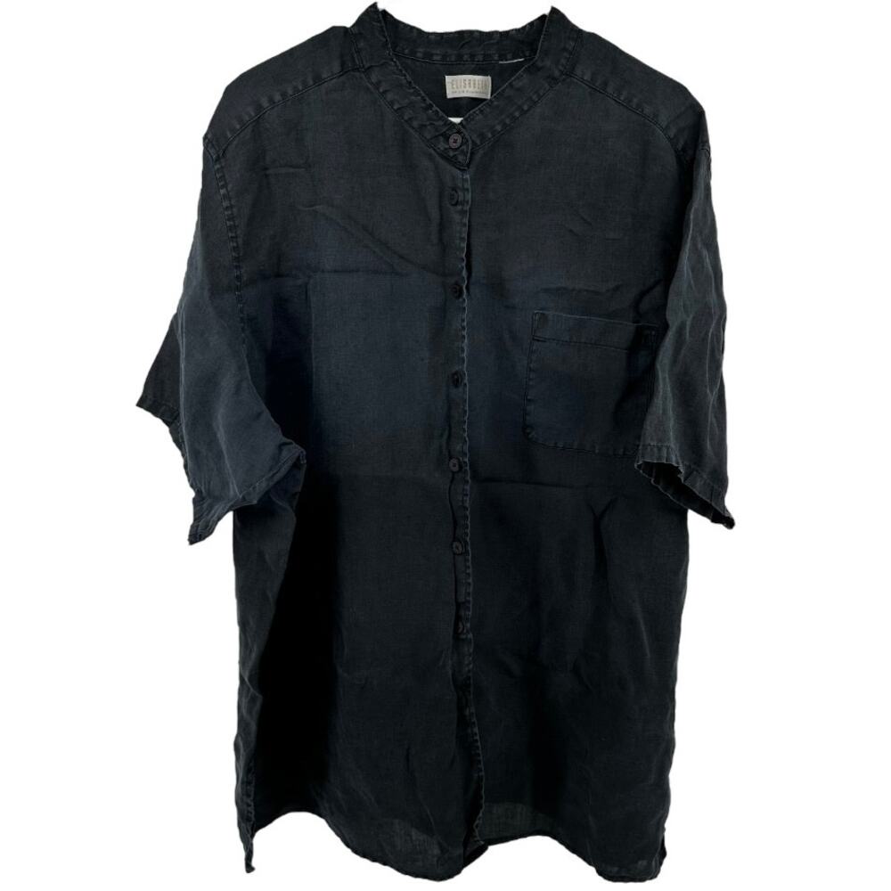 Elisabeth Liz Claiborne Linen Button Down Shirt Short Sleeve Collarless Black XL